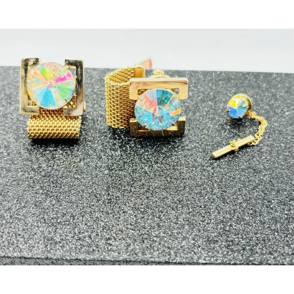 Vintage Cufflinks Tie Tack Set Gold Tone Aurora Borealis‎ Rhinestone Mesh Wrap